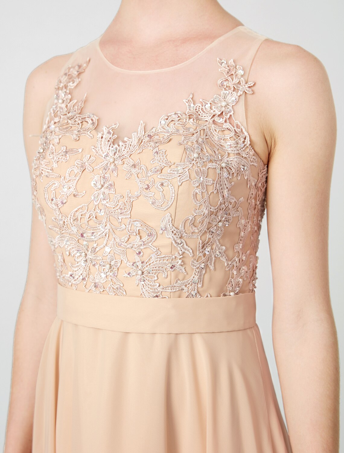 Abito da ballo classico e senza tempo a trapezio, con scollo a V, in chiffon, senza maniche, lungo fino al pavimento, in pizzo e perline, con applicazioni a pieghe, in colori pastello